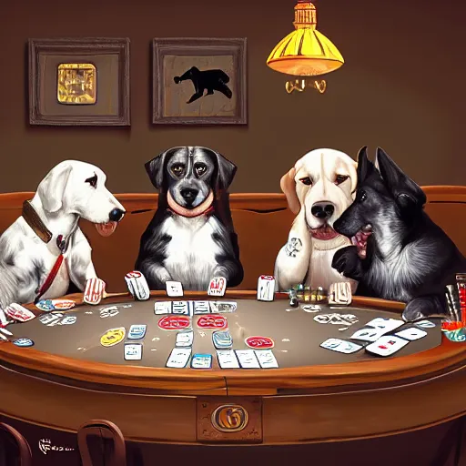 Prompt: dogs playing poker, digital art, artstation, high details