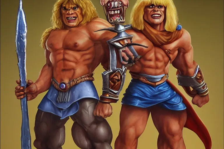 Prompt: realistic he - man, holding the power of grayskull, award winning photo, hd, high detailed