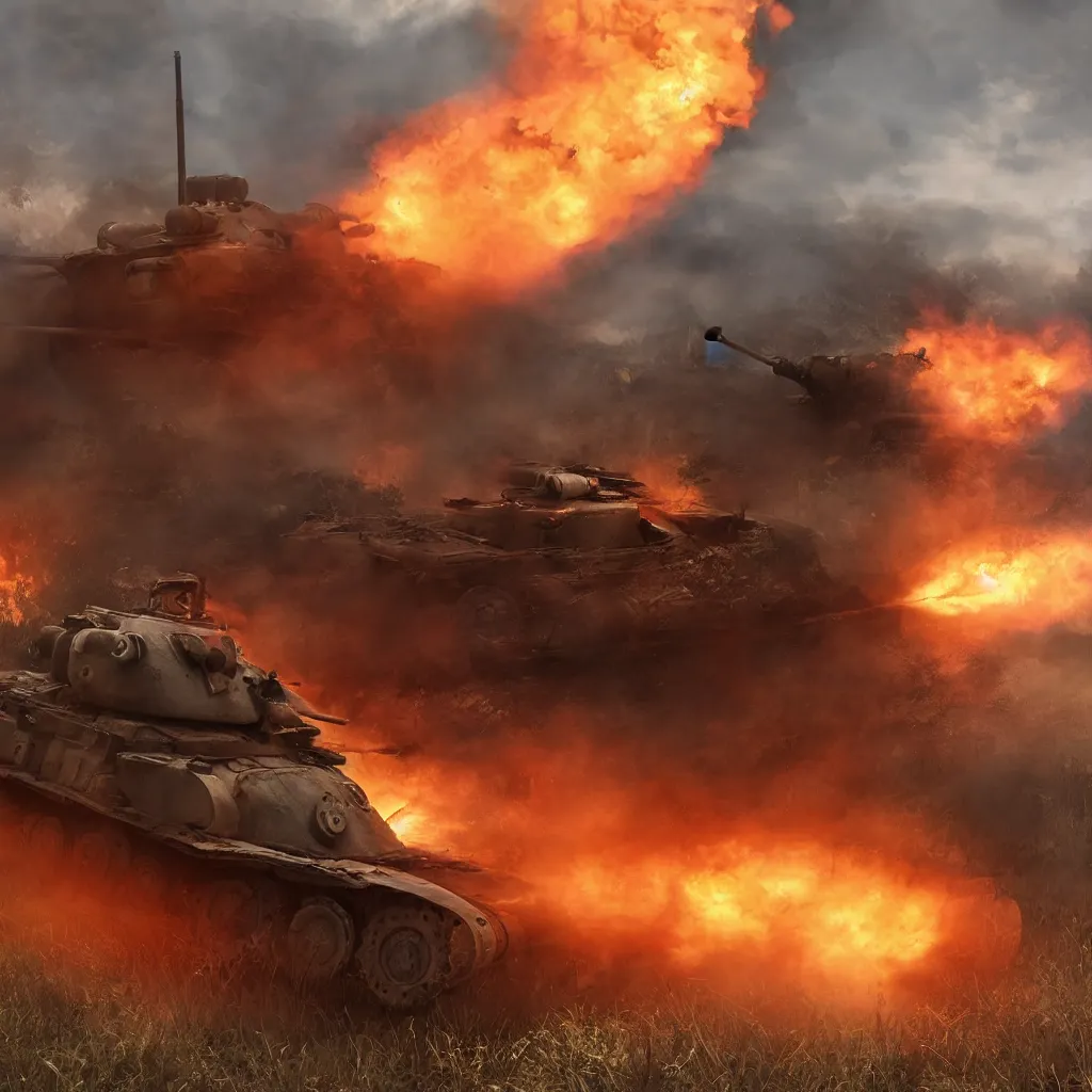 Prompt: world war 2 tank on the battlefield, fiery explosion, wispy smoke, wide shot, unreal engine