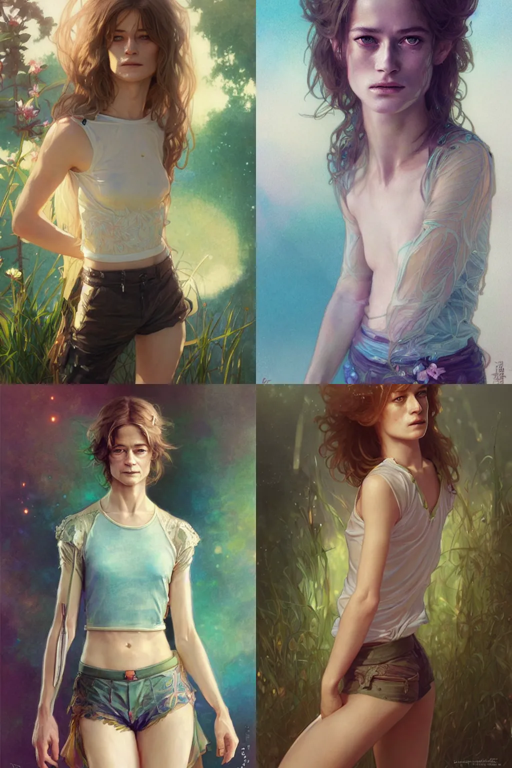 Prompt: beautiful very detailed portrait of! young charlotte rampling!, bioluminscent crop top and shorts, hyper realistic, by krenz cushart and mucha and trnyteal and ra - lilium