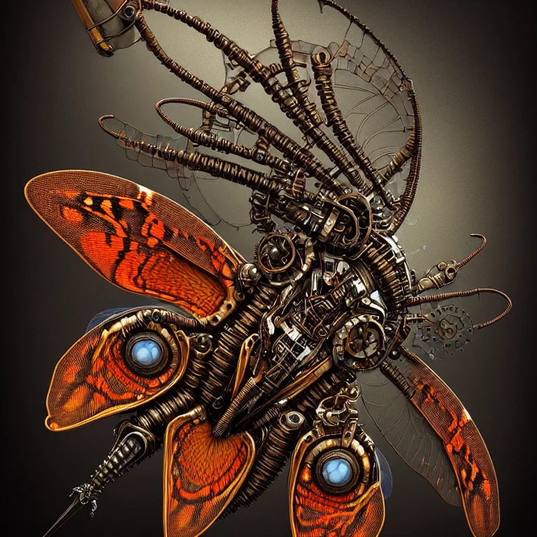 Image similar to steampunk cybernetic biomechanical cecropia moth with wings, 3 d model, very coherent symmetrical artwork, unreal engine realistic render, 8 k, micro detail, intricate, elegant, highly detailed, centered, digital painting, artstation, smooth, sharp focus, illustration, artgerm, tomasz alen kopera, wlop