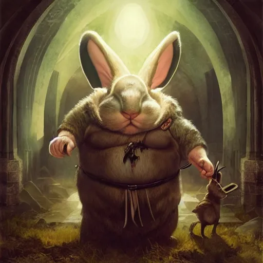 Image similar to hyper realistic, lord of the rings, portrait of a mega derpy john candy, big chungus, with bunny ears, stoned, by greg rutkowski, scott m fischer, artgerm, loish, slight glow, atmospheric, anne stokes, alexandros pyromallis