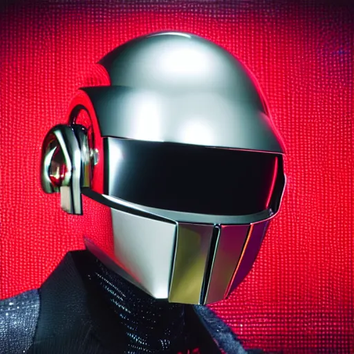 Image similar to daftpunk deluxe humanoid robots front head daftpunk curved screen displaying red glowing Error, his head shows a red glowing Error message, background dark, 40nm lens, shallow depth of field, split lighting, 4k,