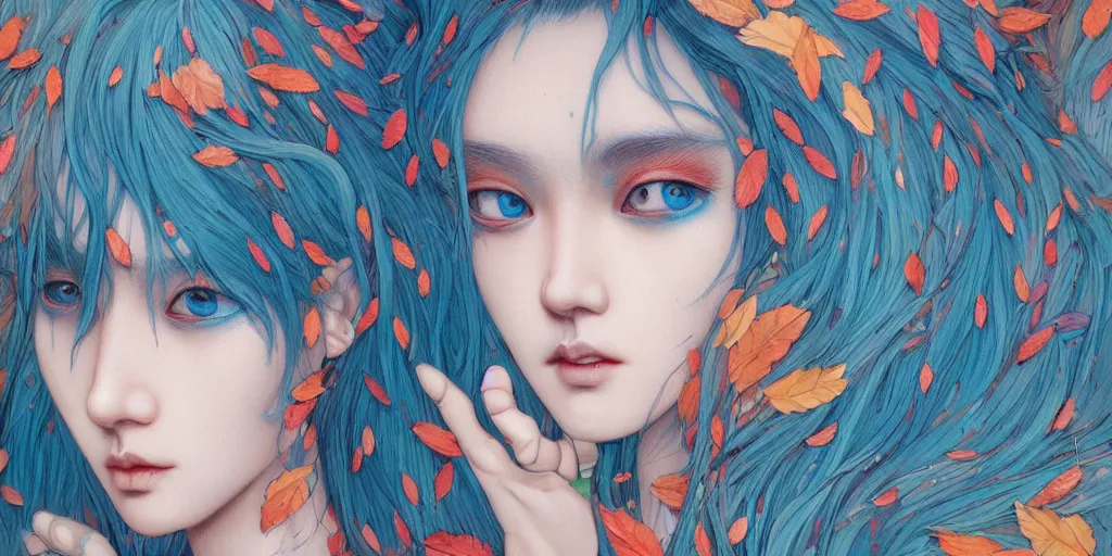 Image similar to breathtaking detailed concept art painting pattern of blue hair faces goddesses amalgamation autumn leaves with anxious piercing eyes, by hsiao - ron cheng and james jean, pastel colors, bizarre compositions, exquisite detail, 8 k