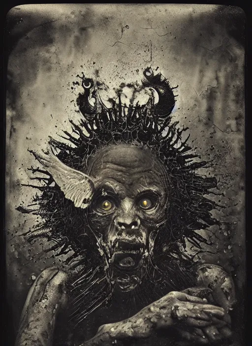 Image similar to old wetplate daguerreotype demons, devil, pain, anger, desolation, angel, bird head, explosion of data fragments, fractal, intricate, elegant, highly detailed, parallax, leica, medium format, subsurface scattering, by jheronimus bosch and greg rutkowski and louis jacques mande daguerre