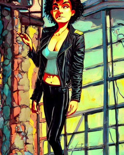 Image similar to young female protagonist in leather jacket, city street, artwork by ralph bakshi