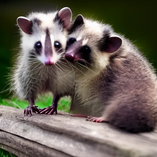 Image similar to a cute photograph of an opossum and american raccoon hugging, realistic 4k, unreal engine 5, award winning, HD UHD FHD