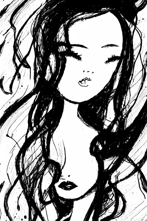 Image similar to ink lineart drawing of a beautiful woman, doll face, big lips, white background, etchings by goya, chinese brush pen, illustration, high contrast, deep black tones contour