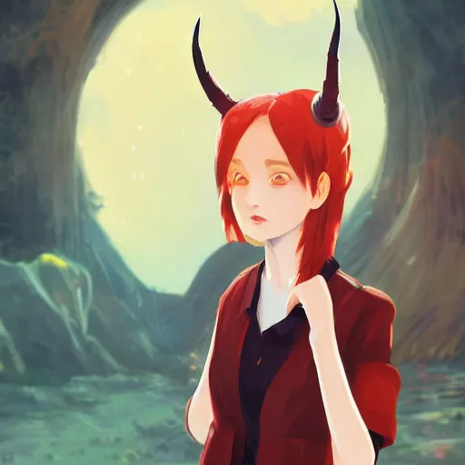 Image similar to portrait of a pale redheaded demon girl with yellow eyes and horns wearing a jacket, galaxy background, highly detailed, digital painting, artstation, matte, by makoto shinkai, animation style, studio ghibli, anime key visual