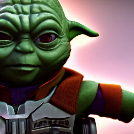 Image similar to yoda as buzz lightyear buzz lightyear in gears of war, splash art, movie still, cinematic lighting, dramatic, octane render, long lens, shallow depth of field, bokeh, anamorphic lens flare, 8 k, hyper detailed, 3 5 mm film grain