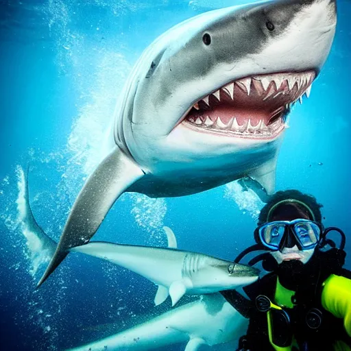 Image similar to the last selfie by a scooba diver moments before being eaten by a gigantic megalodon shark, ultra detailed, hyper realistic, volumetric lighting, 2 0 mm lens