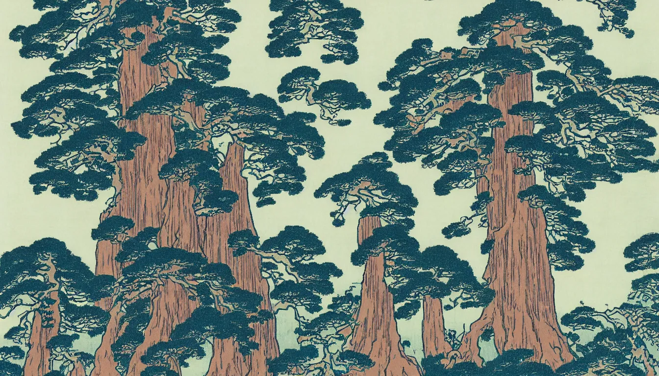 Prompt: giant redwood trees by hokusai