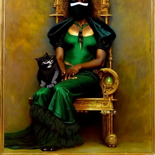 Image similar to full body portrait of black skinned, masked queen in green and black gothic robes sitting on a throne of cats, elegant, highly detailed painting by gaston bussiere, craig mullins, j. c. leyendecker, 8 k, mid shot