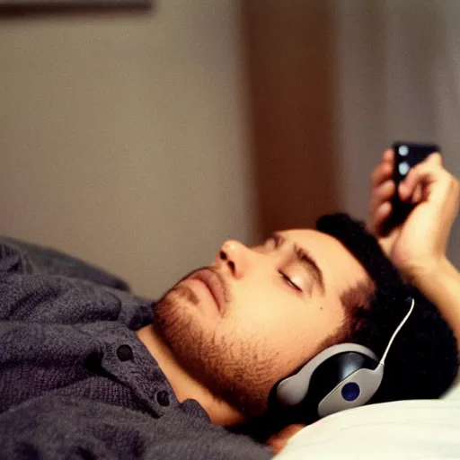 Prompt: a young man is lying on his bed and looking at his iphone with headphones on his head, 1 9 8 0 s, shot on minolta maxxum 7 0 0 0