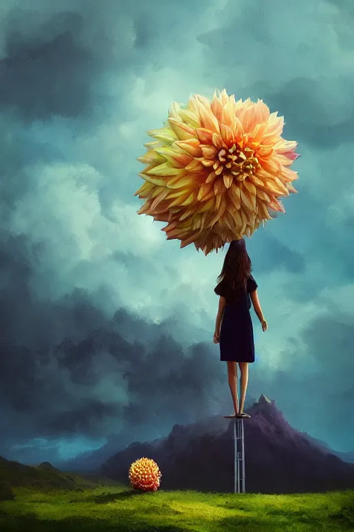 Image similar to closeup giant dahlia flower as head, girl standing on mountain, surreal photography, blue storm clouds, dramatic light, impressionist painting, digital painting, artstation, simon stalenhag