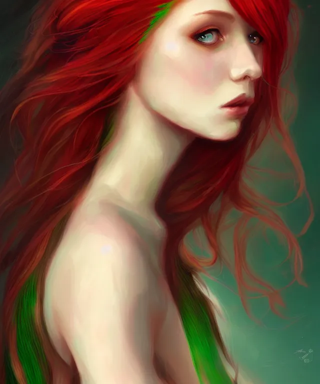 Image similar to Fae teenage girl, portrait, face, long red hair, green highlights, fantasy, intricate, elegant, highly detailed, digital painting, concept art, smooth, sharp focus, illustration