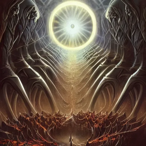 Image similar to a dark cabal of multiple hooded elven mystics in long robes gathered in a circular formation around a quantum computer, advanced technology, dan seagrave, michael whelan art, beautifully detailed epic scifi art, symmetrical, cgsociety, artstation