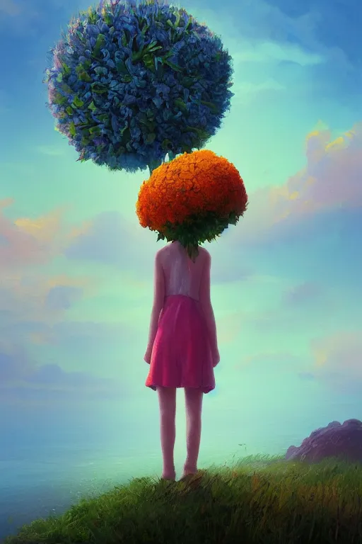 Image similar to closeup, giant flower head, girl standing on cliff, surreal photography, sunrise, blue sky, dramatic light, impressionist painting, digital painting, artstation, simon stalenhag