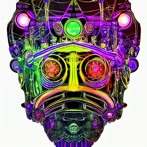 Image similar to hyperdetailed portrait of a psychedelic steampunk robot head, covered in colorful glowing holy geometry lotus flowers, wearing multicolored tubes, eyes are rainbow laser, 8 k, symetrical, halluzinogenic, meditative, flourescent colors on black background, sticker art