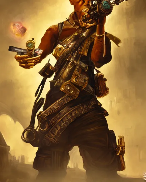 Image similar to oil painting of Anthropomorphized Monkey Sniper, holding steampunk gun, sharp focus, exploding golden steampunk city background, full body, heroic pose, fantasy style, octane render, volumetric lighting, 8k high definition, by greg rutkowski, highly detailed, trending on art Station, magic the gathering artwork, centered, dramatic artwork, combat scene