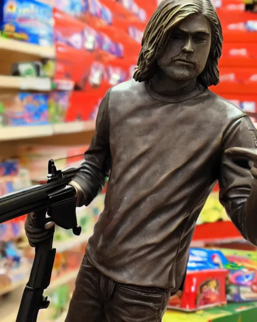 Prompt: photograph of bronze statue of kurt cobain holding a shotgun in a toys r us, photo - realism, 8 k, cinematic,