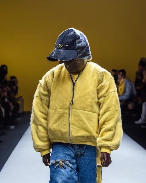 Image similar to hyperrealistic and heavy detailed 2321s Yeezy runway show of Pikachu , Leica SL2 50mm, vivid color, high quality, high textured