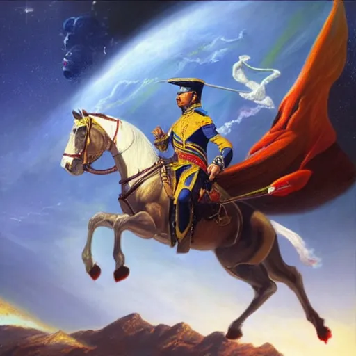 Image similar to An ultra realistic portrait painting of Napoleon Bonapart flying in space in the style of Frank Frazetta, 4k, Ultra realistic, Highly detailed, Dark fantasy, Epic lighting