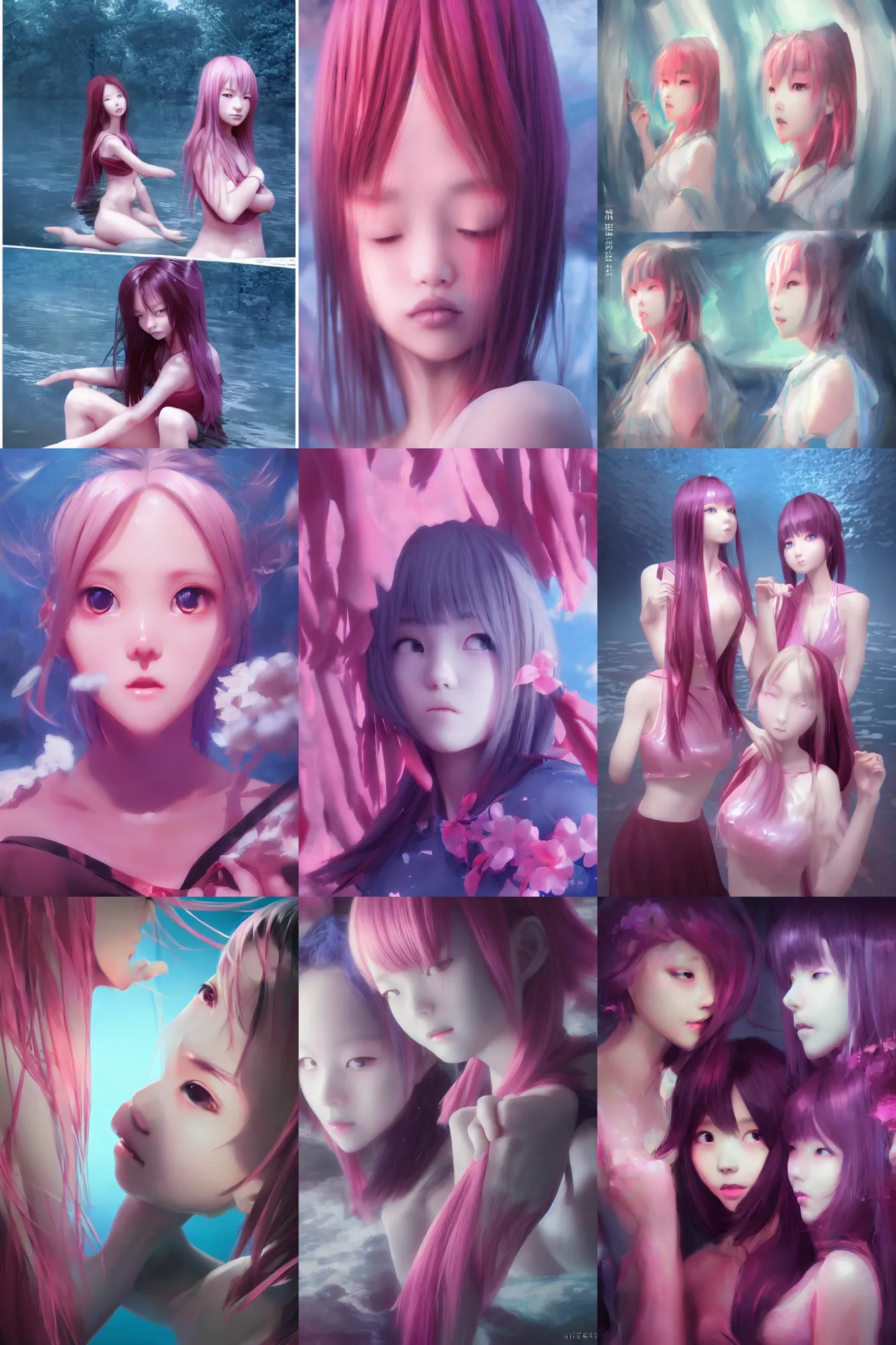 Prompt: 3d dark infrared octane render concept art by D. Jun, by Mo Xiang Tong Xiu, by Igarashi Daisuke by wlop, beauty portrait anime schoolgirls under dark pink and blue water. cute face. complex mirror deep room. dramatic light, trending on artstation.