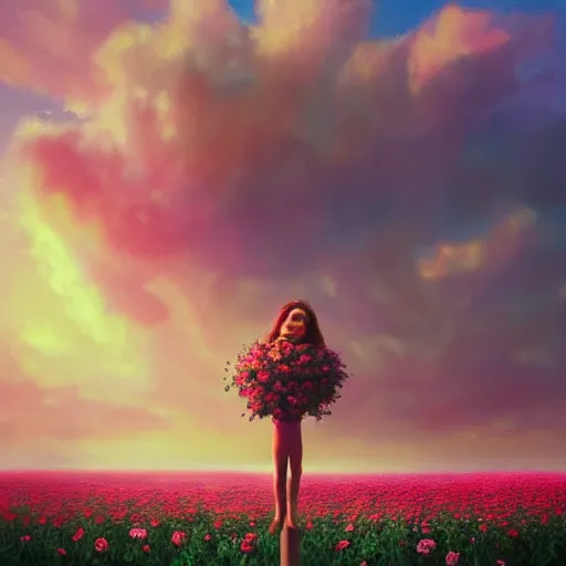 Image similar to large rose head, girl floating in a flower field, surreal photography, sunrise dramatic light, impressionist painting, colorful clouds, digital painting, artstation, simon stalenhag