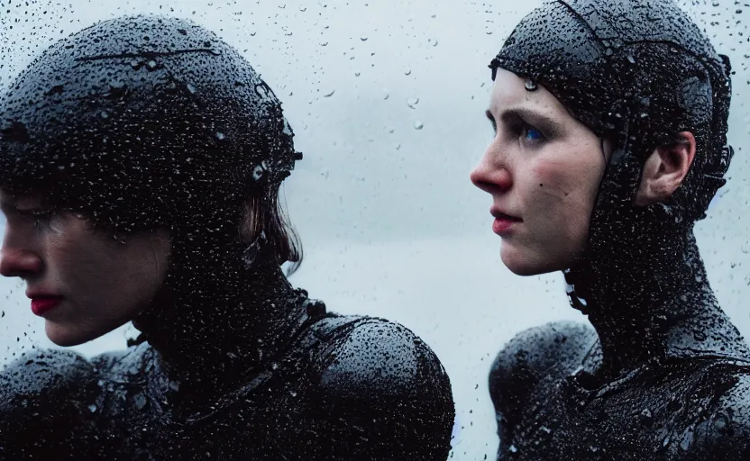 Image similar to cinestill 5 0 d candid photographic portrait by christopher nolan of two loving female androids wearing rugged black mesh techwear in treacherous waters, extreme closeup, modern cyberpunk moody emotional cinematic, pouring rain menacing lights shadows, 8 k, hd, high resolution, 3 5 mm, f / 3 2, ultra realistic faces, ex machina