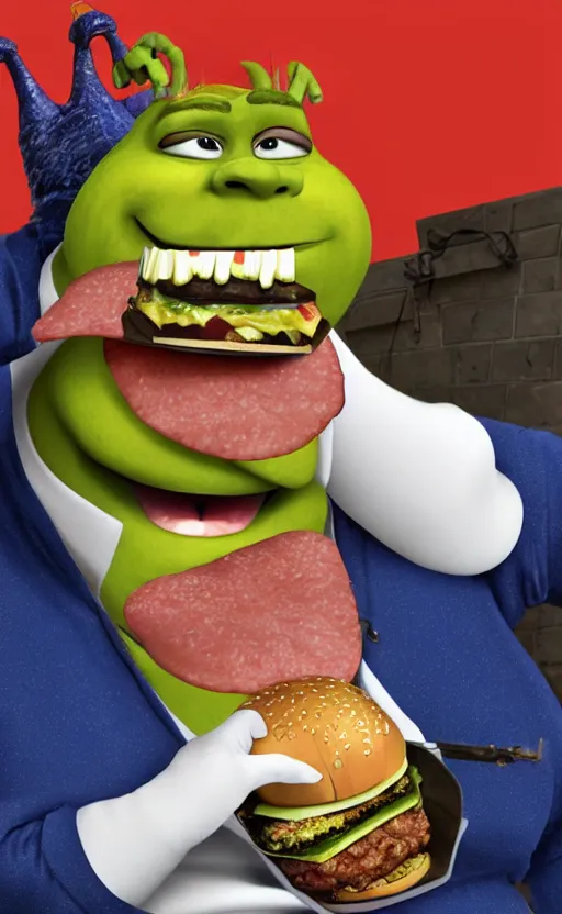 Prompt: guy fieri as shrek, eating a juicy burger, photograph, realistic