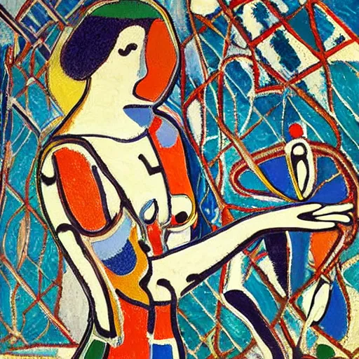 Prompt: Painting. a woman is shown from behind, her body slightly blurred as if in motion. Her long hair cascades down her back, and she is holding a small bird in her hand. bokeh by Jean Dubuffet geometric, placid