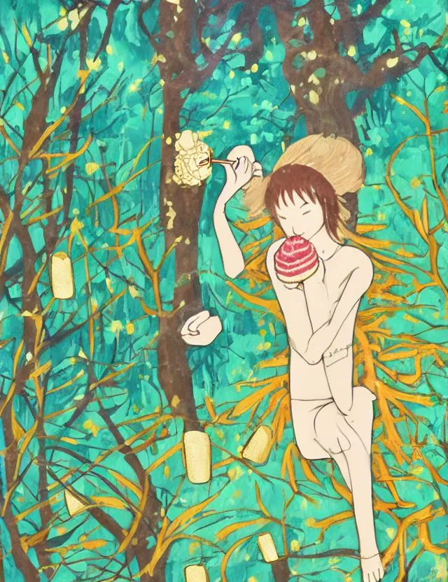 Prompt: ice cream spirit lost in a forest. this gouache and gold leaf work by the award - winning mangaka has a beautiful composition.