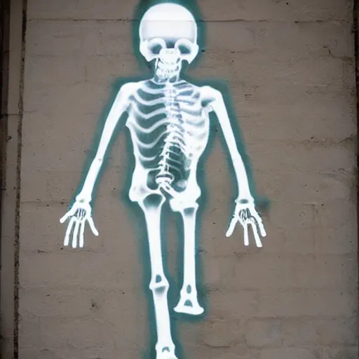 Prompt: an xray of a humerous with 'Banksy' graffiti on the bone