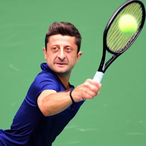 Prompt: realistic photo of zelensky playing tennis, close up