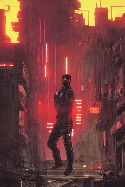 Image similar to Deadly blackops mercenary. cyberpunk. Blade Runner 2049. concept art by James Gurney and Mœbius.