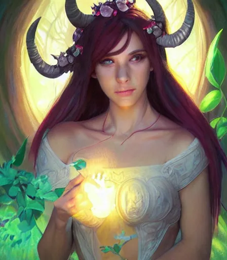 Image similar to innocent cute Tiefling Druid with long horns, colorful leaves on light leather armor, glowing tree staff, light-brown skin, highly detailed, digital painting, artstation, concept art, sharp focus, illustration, art by artgerm and greg rutkowski and alphonse mucha