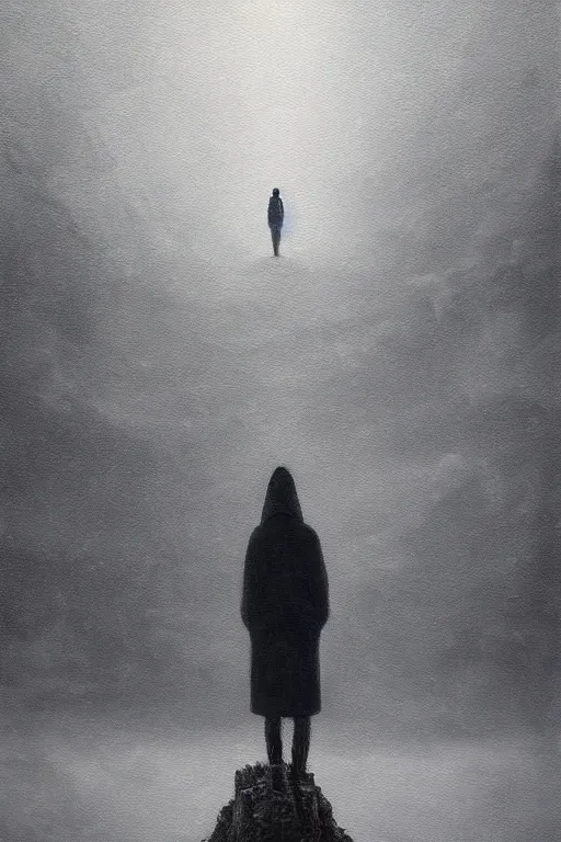 Image similar to a painting of a person standing in the snow, a surrealist painting by zdzisław beksinski and by alena aenami, deviantart, nuclear art, dystopian art, apocalypse landscape, surrealist