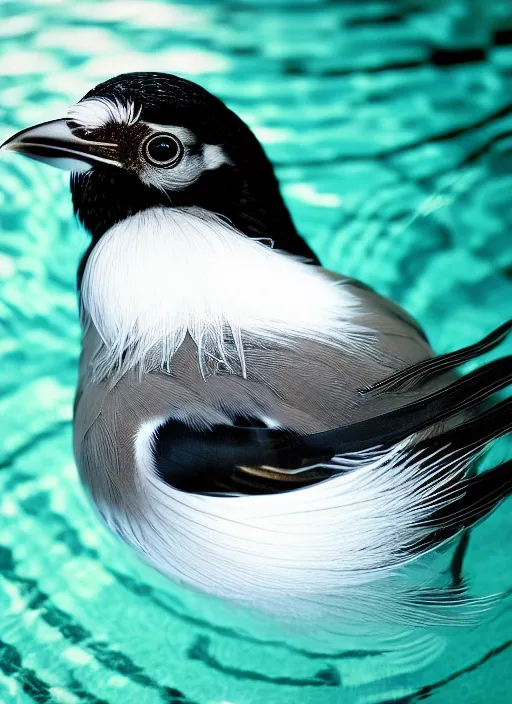 Image similar to realistic photo portrait of common bird with white feathers many cords leds and detailed wires, spherical black helmets, in a big pool filled with mercury, the sky is grey, 2 0 0 0, life magazine photo,