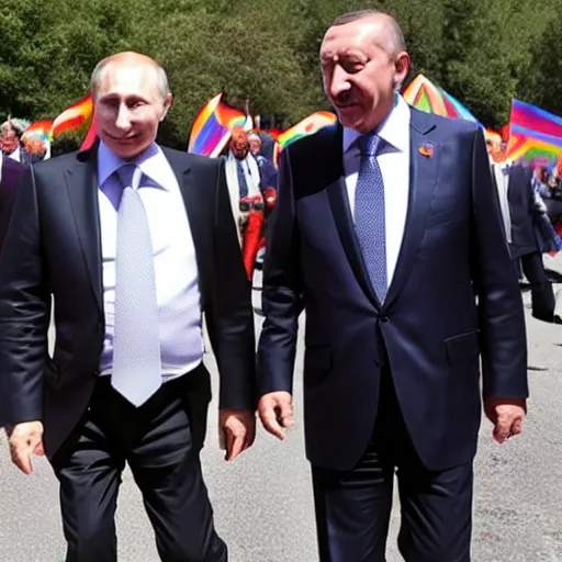 Prompt: putin and erdogan at a gay pride parade