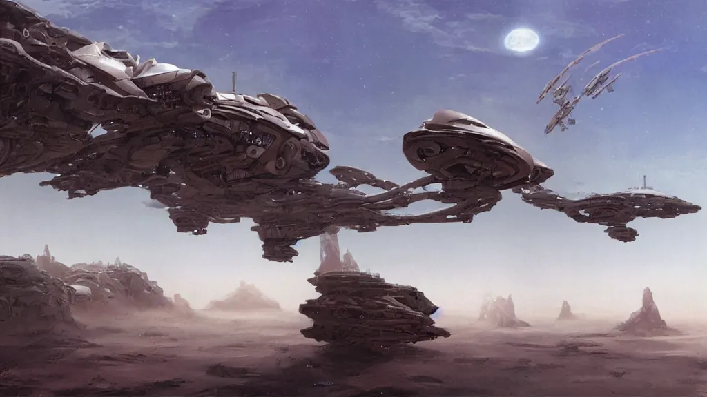 Image similar to small futuristic organic dropship lander design by john schoenherr and glenn barr, epic cinematic matte painting