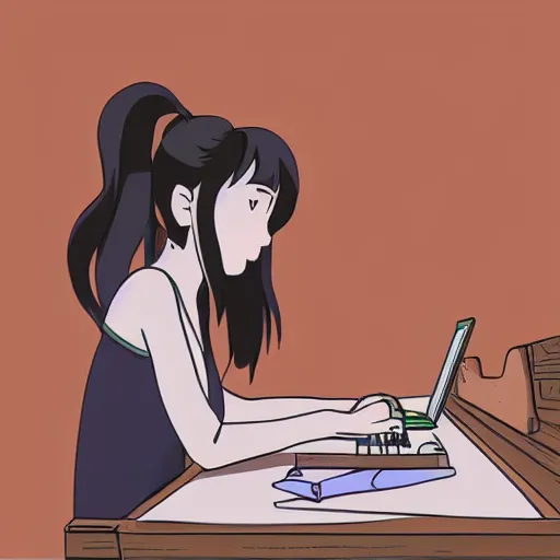 Image similar to a beautiful side view portrait of lofi girl sitting on her desktop writing something, digital art, anime, studio ghibli style