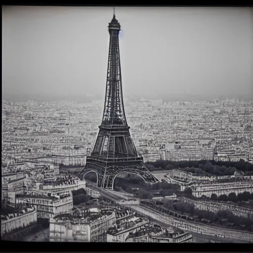 Image similar to extensive smoke rising from the top of the eiffel tower, aerial view, several police cars and crowds running across the ground, polaroid, 6 0's, hyperrealism, no blur, 4 k resolution, ultra detailed