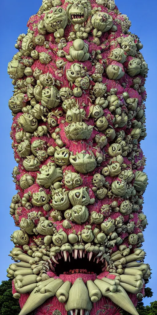 Image similar to colossal grotesque Beelzebub flower made from angry smiles in the middle of post soviet constructivist cityscape, Stalinist architecture, brutalist architecture, ultradetailed, Intricate by Hayao Miyazaki and Josan Gonzalez and Makoto Shinkai and Giuseppe Arcimboldo and MC Esher and Wes Anderson