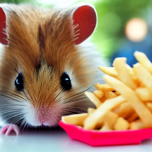 Image similar to detailed photo of a hamster eating fries, mcdonald's, various poses, full body, unedited, daylight, dof 8 k