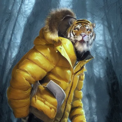 Image similar to a beautfiul award winning aesthetic commission of an antrho albino tiger wearing a yellow-black padded hooded puffer jacket,digital art,art by greg rutkowski,character design by charles bowater,ross tran,photorealistic,detailed face,hyperdetailed,western comic,2021,artstation,deviantart,clean image