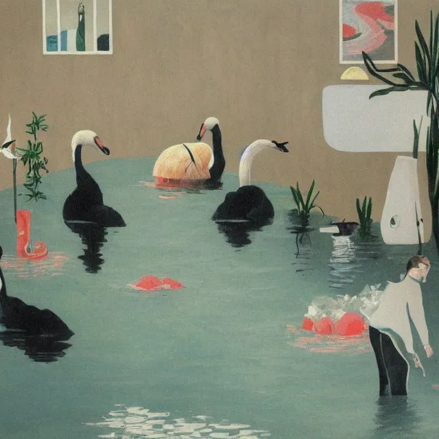 Image similar to painting of flood waters inside an apartment, tall female emo art student, a river flooding through a wall, tangelos, zen, pigs, ikebana, water, river, rapids, waterfall, black swans, canoe, pomegranate, berries dripping, acrylic on canvas, surrealist, by magritte and monet