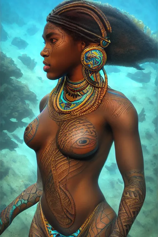 Image similar to underwater photography full body portrait of beautiful nubian ancestral tribal tattooed young hunter pincess, swimming underwater low angle realistic 4 k high quality photography by terry o'neill intricate, elegant, highly detailed, digital painting, artstation, concept art, smooth, sharp focus, illustration, art by artgerm and greg rutkowski and alphonse mucha, 8 k