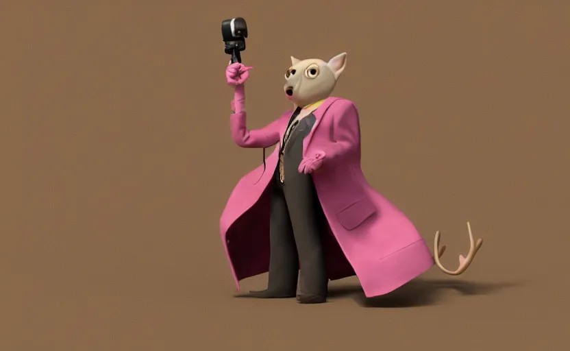 Prompt: a slimy pink ocelot that looks like an investigator, wearing a long beige trench coat, in the style of Pixar, CGI, octane render, trending on artstation, 8K