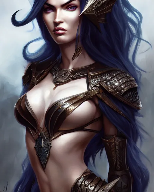 Image similar to megan fox dark elf princess, highly detailed, d & d, fantasy, highly detailed, digital painting, trending on artstation, concept art, sharp focus, illustration, global illumination, shaded, art by artgerm and greg rutkowski and fuji choko and viktoria gavrilenko and hoang lap